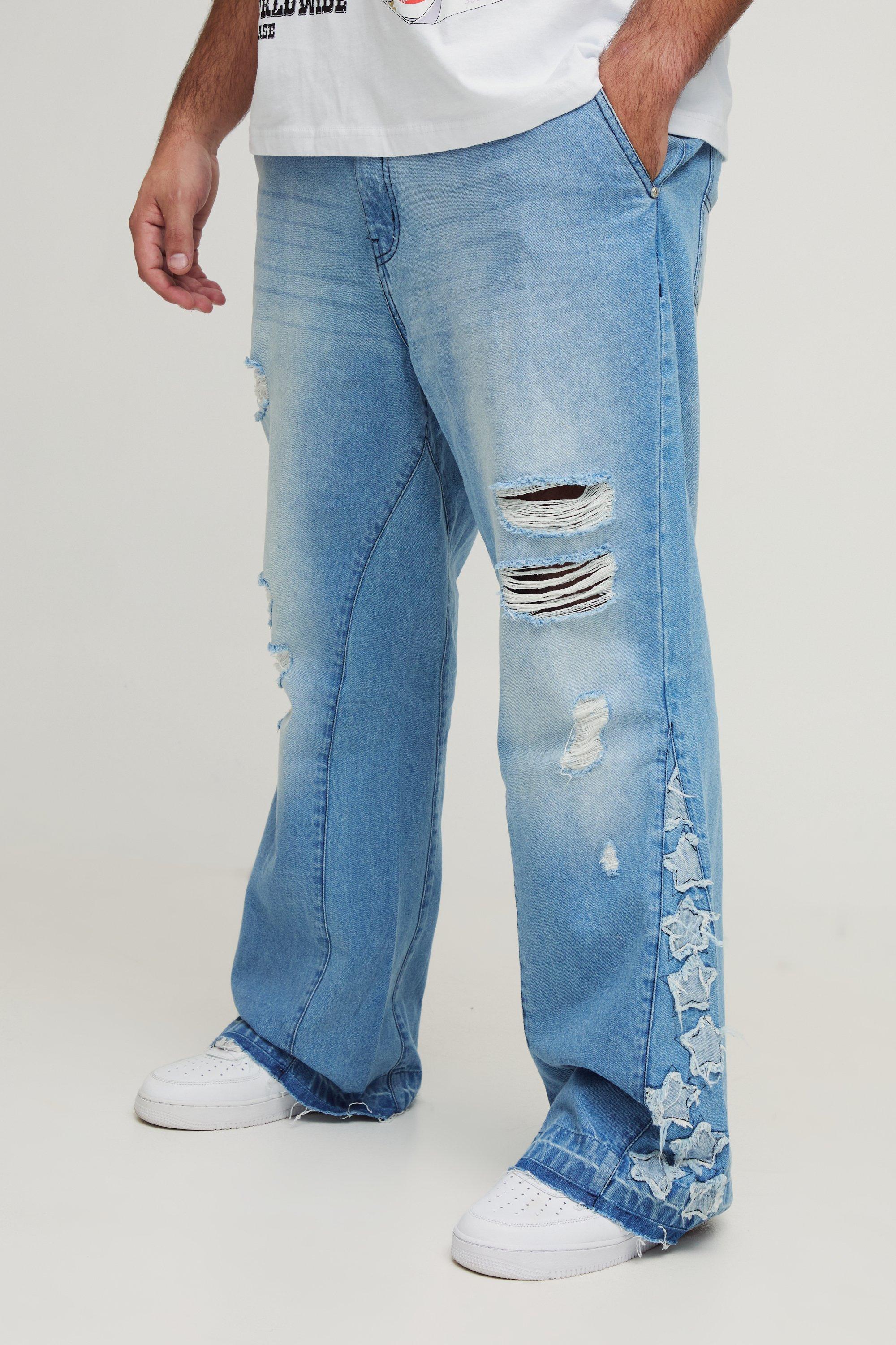 Mens Blue Plus Star Applique Gusset Distressed Flared Jeans, Blue